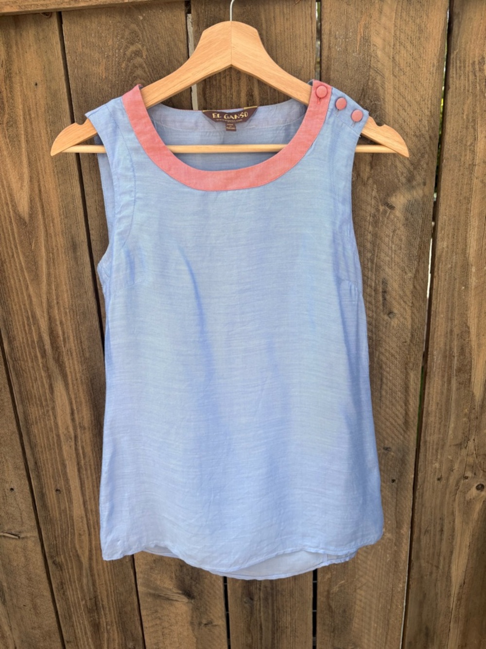 Light Blue Linen Sleeveless Top with Coral Trim by EL GANSO